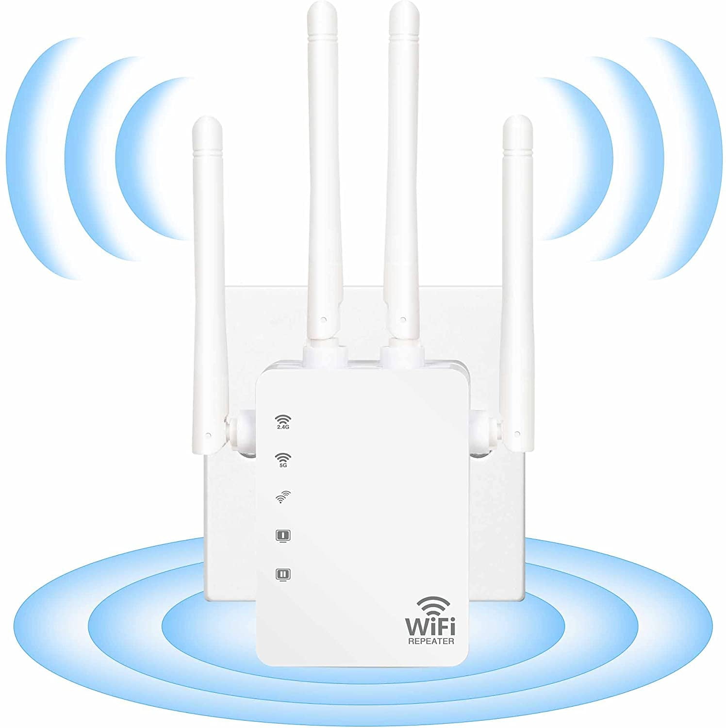 Wireless Signal Repeater Booster WiFi Range Extender 1200Mbps Dual Band 2.4G and 5G Signal Expander Extend WiFi Signal to Smart Home & Alexa Devices 4 Antennas Full Coverage 1200Mbps, White 
