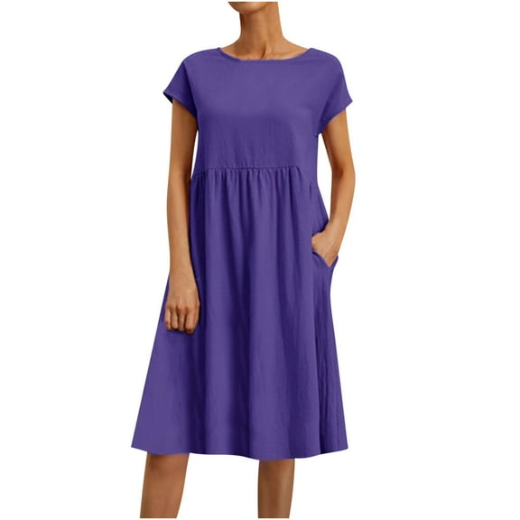 Jalioing Womens Summer Midi Dresses Cotton Linen Casual Sundress Crew Neck Short Sleeve Pocket Loose Dress (Large, Purple)