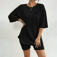 thumbnail image 5 of felwors Women 2 Piece Outfits Dressy Pajamas Lounge Set Ribbed Knit for Women Matching Tshirt Shorts Outfits Black, M, 5 of 8