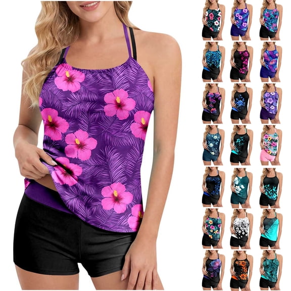 NSLGXD Tankini Swimsuits for Women Tummy Control Halter Floral Print Summer Beach Bathing Suits Two Piece Tankini with Boyshorts S