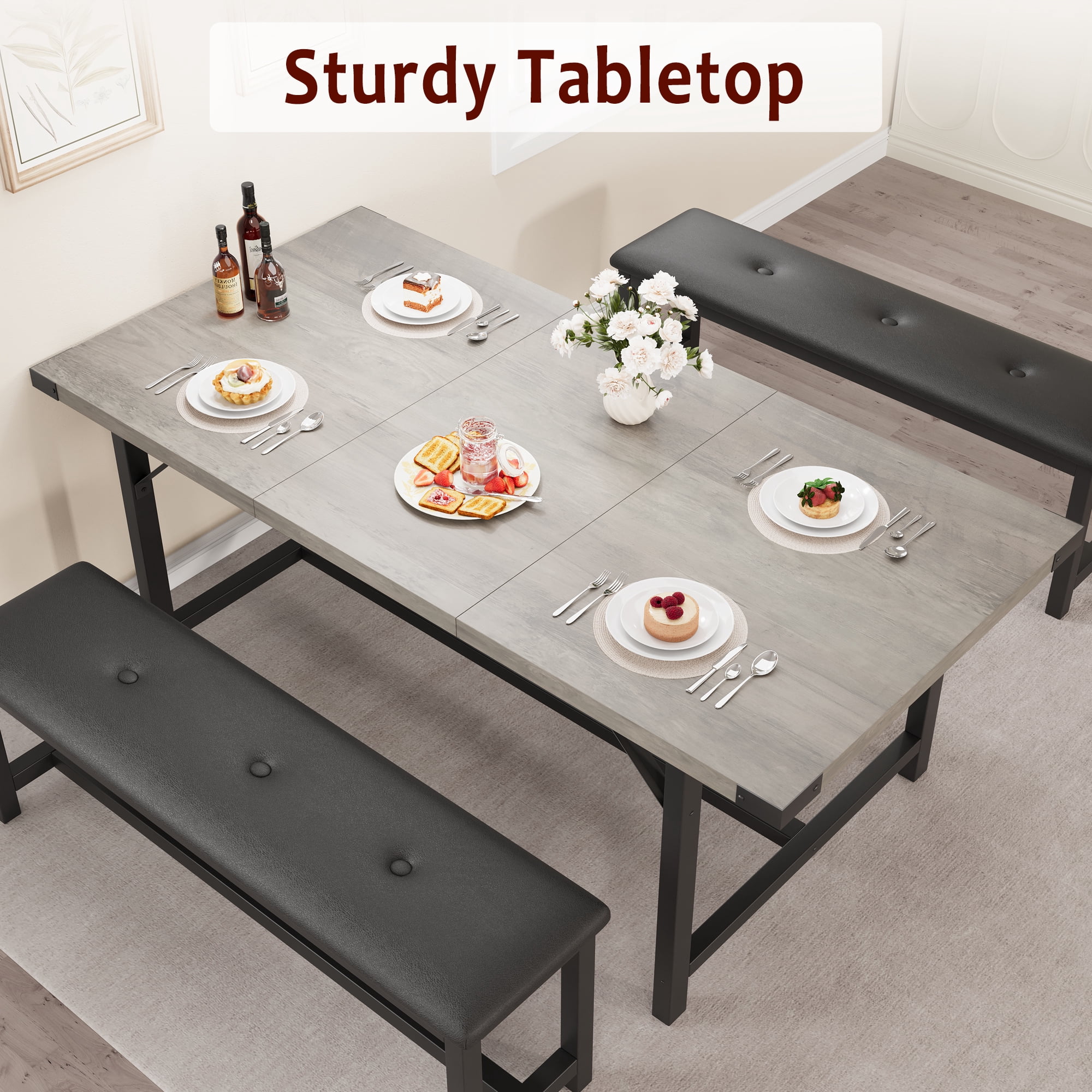 Extendable Dining Table Set for 4 to 6 People, Industrial Wood Table with 2 Upholstered Benches, Metal Corner Protectors for Small Space Apartment