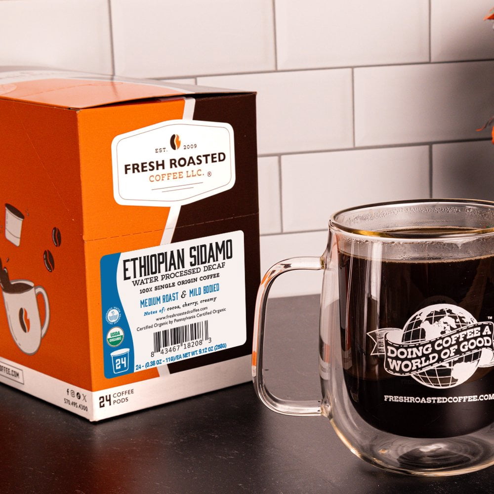 Fresh Roasted Coffee, Organic Ethiopian Sidamo Swiss Water Decaf, Medium Roast, K-cup Compatible, 72 Count