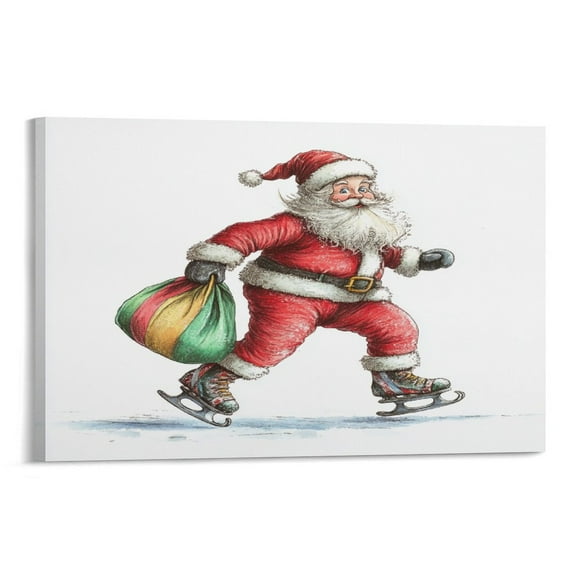 Santa Skating Canvas Prints Wall Art Modern Pictures Artwork 16x24inch Canvas Print Christmas Santa Claus on Ice Skates with Colorful Gifts Bag Bathroom Wall Art Canvas Wall Art for Bedroom Framed