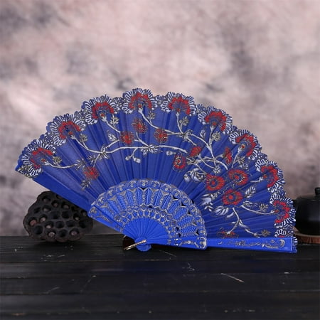 

MRULIC Best Chinese Style Dance Wedding Party Lace Silk Folding Hand Held Flower Fan Blue