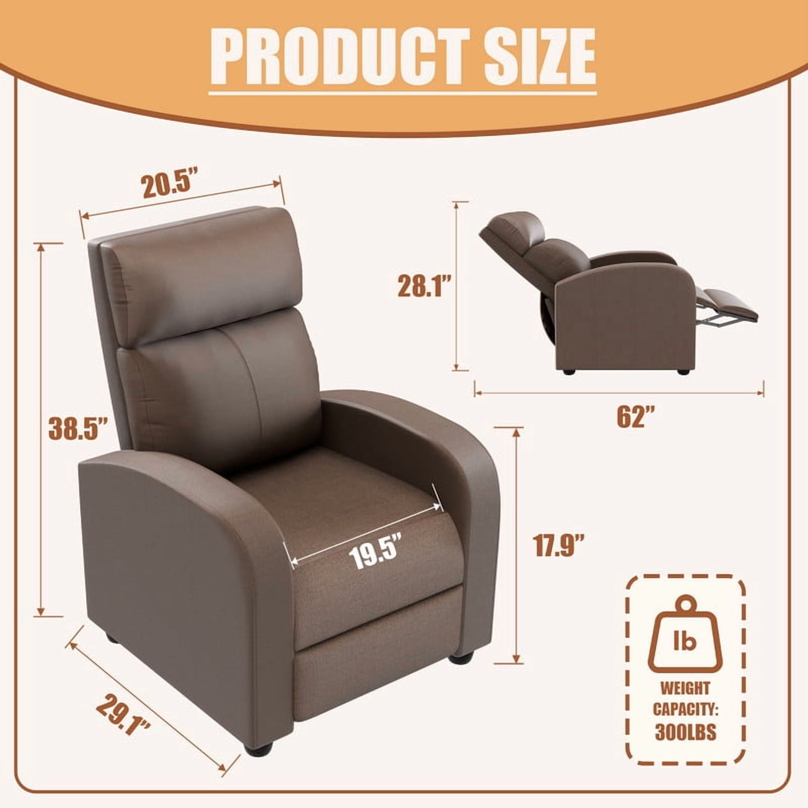 Furmax Recliner Chair Fabric Single Sofa Home Theater Recliners with Lumbar Support for Living Room,Fabric Brown