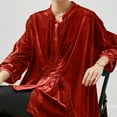 thumbnail image 7 of Lenpel Velvet Tops for Women Long Sleeve Mock Neck High Low Hem Pleated Button down Shirts Velour Tunic Tops Dressy Casual Blouses(Red,Large), 7 of 7