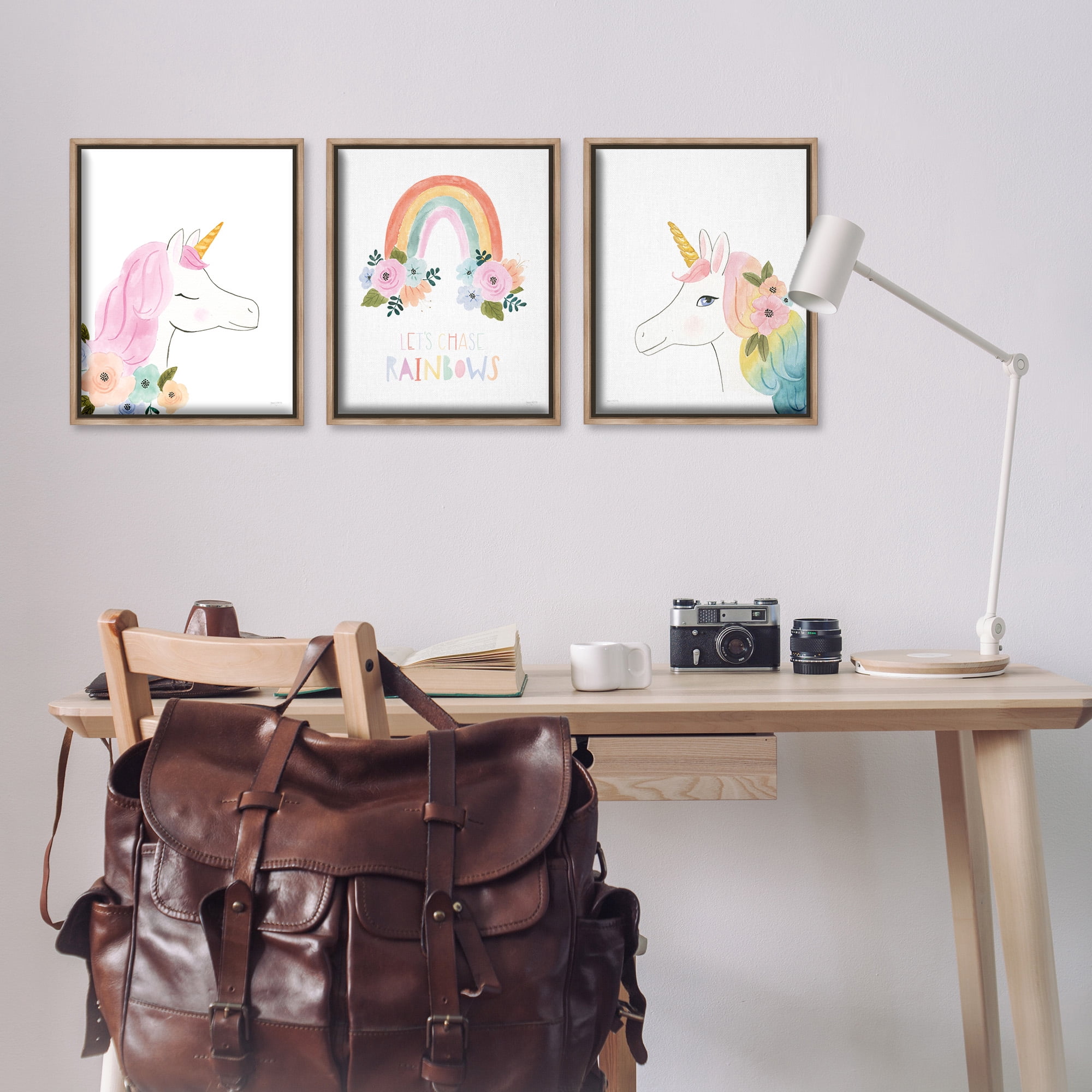 Stupell Industries Let's Chase Rainbows Unicorns Fairy Tales & Fantasy Painting Brown Floater Framed Canvas Art Print Wall Art, 17 x 21, Set of 3
