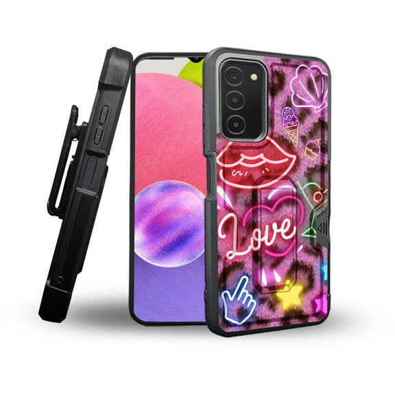 ANJ  Rugged Shockproof Holster Case Card Slot Kickstand   Tempered Glass Cover for Samsung Galaxy A03s - Pink Leopard Neon Signs