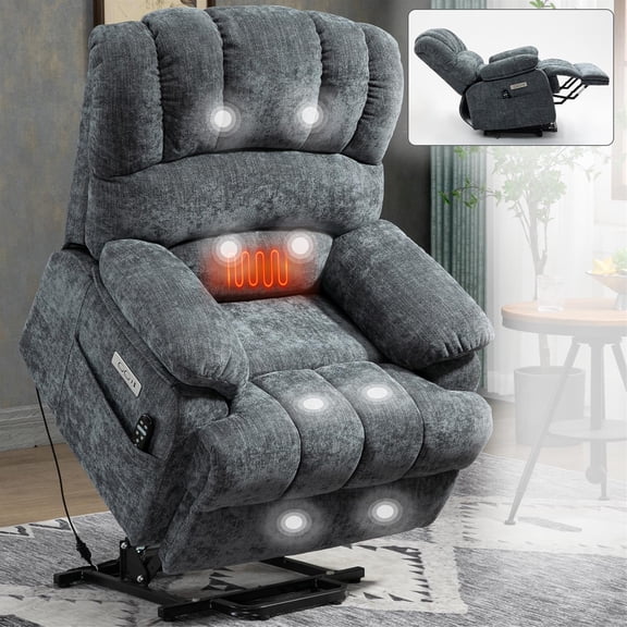 Spaco 42" High Back Large Size Chenille Power Lift Recliner Chair with 8-Point Vibration Massage and Lumbar Heating for Living Room, Gray
