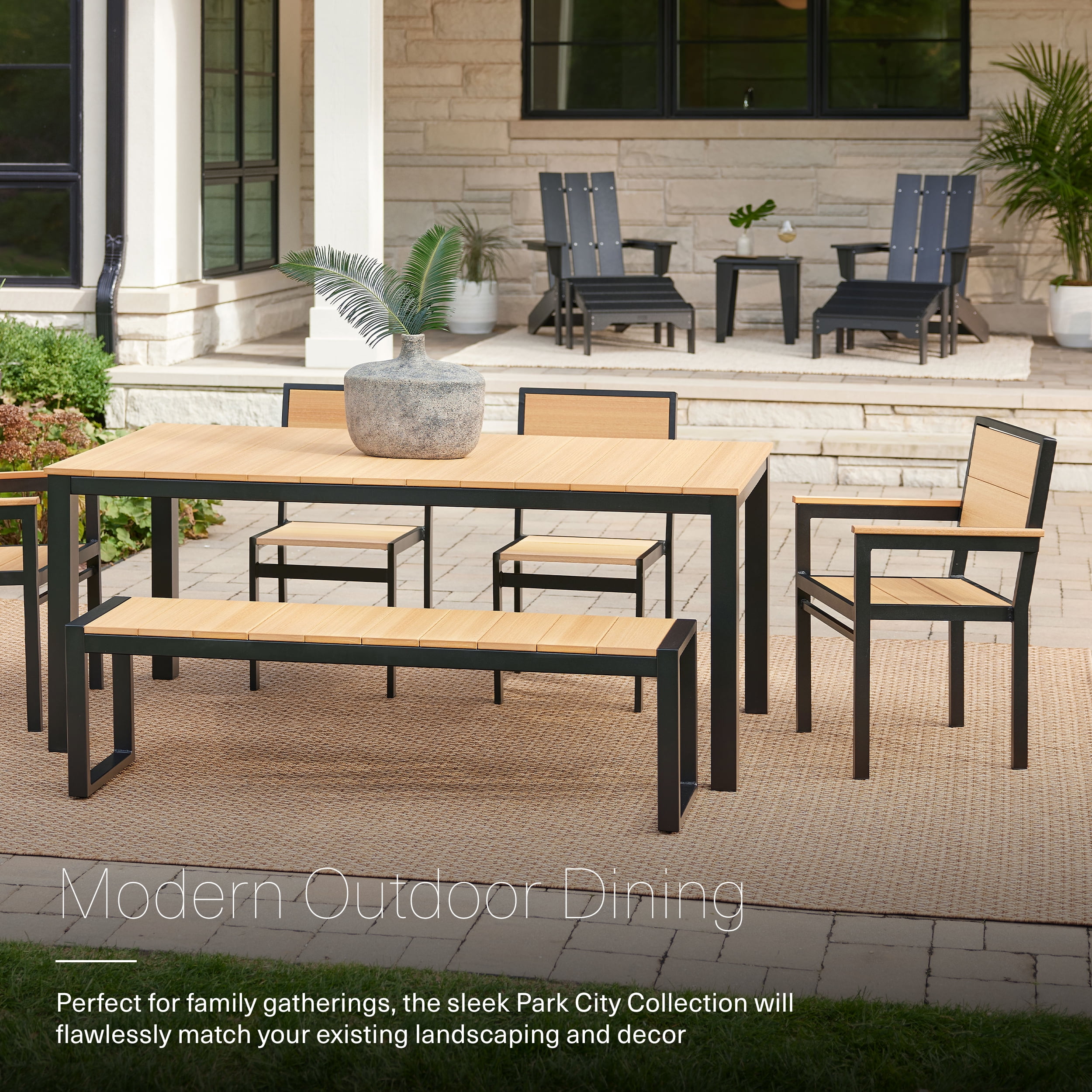 DuroGreen Park City 72" Rectangular 6-Pc Outdoor Dining Set, 1 Table/1 Bench/4 Chairs Made with All-Weather Tangent Sustainable Lumber, High End Patio Furniture, Black with Natural Teak