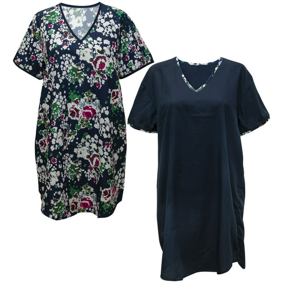 Gold Coast Women's Satin Night Shirt Set in Navy/Blue Floral, Large
