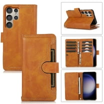 Compatible with Samsung Galaxy S25 Ultra Wallet Case,RFID Blocking PU Leather Folio Magnetic Closure Protective Cover with Wrist Strap Outer Slide Credit Card Holder Kickstand Men Women,Orange