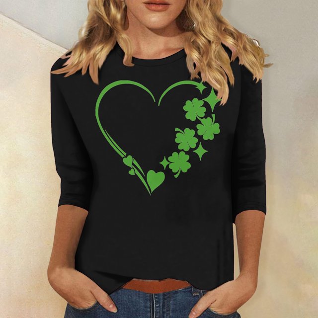 Meichang T-Shirts Verts pour Femmes, T-Shirts de la Saint-Patrick, T-Shirts Graphiques Trèfle, Manches 3/4, Col Rond, Tops Irlandais