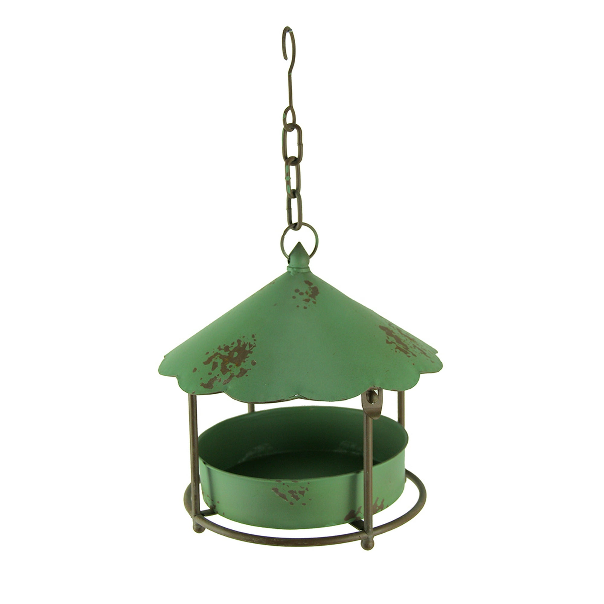 Vintage Green Round Metal Hanging Covered Tray Bird Feeder