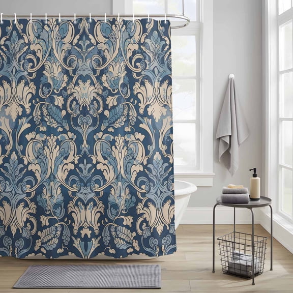 Bathroom Shower Curtain Vintage Medieval Floral Pattern Waterproof Shower Curtains with Hooks, Ethnic Flower on Blue Bath Curtains Bathtub Curtain Home Decor 36x72in