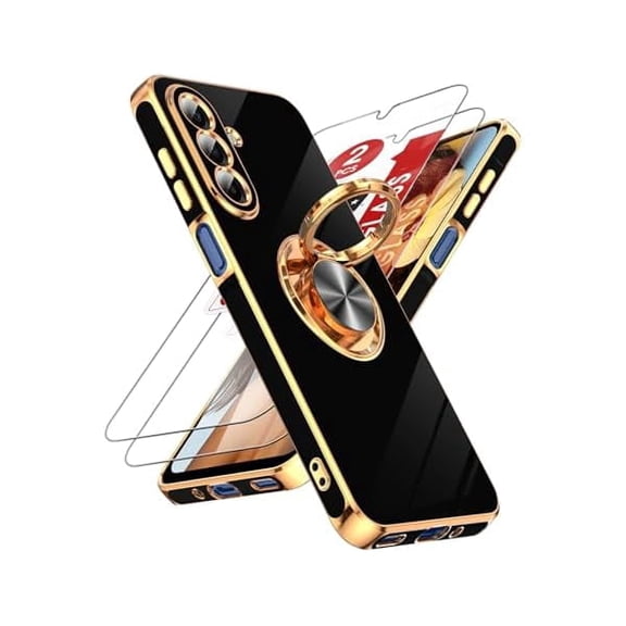 for Galaxy A17-5G Phone Case: 2 Pack Tempered Glass Screen Protector and 360° Rotatable Ring Holder Magnetic Kickstand, Plating Rose Gold Edge para Samsung A 17 5G, Black