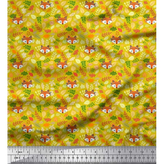 Soimoi Moss Georgette Fabric Leaves & Fox Face Cartoon Print Fabric by The Yard 42 Inch Wide