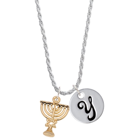 Delight Jewelry Goldtone 3-D Menorah - Silvertone Script Initial Disc - Y - Charm Necklace, 20"+3"