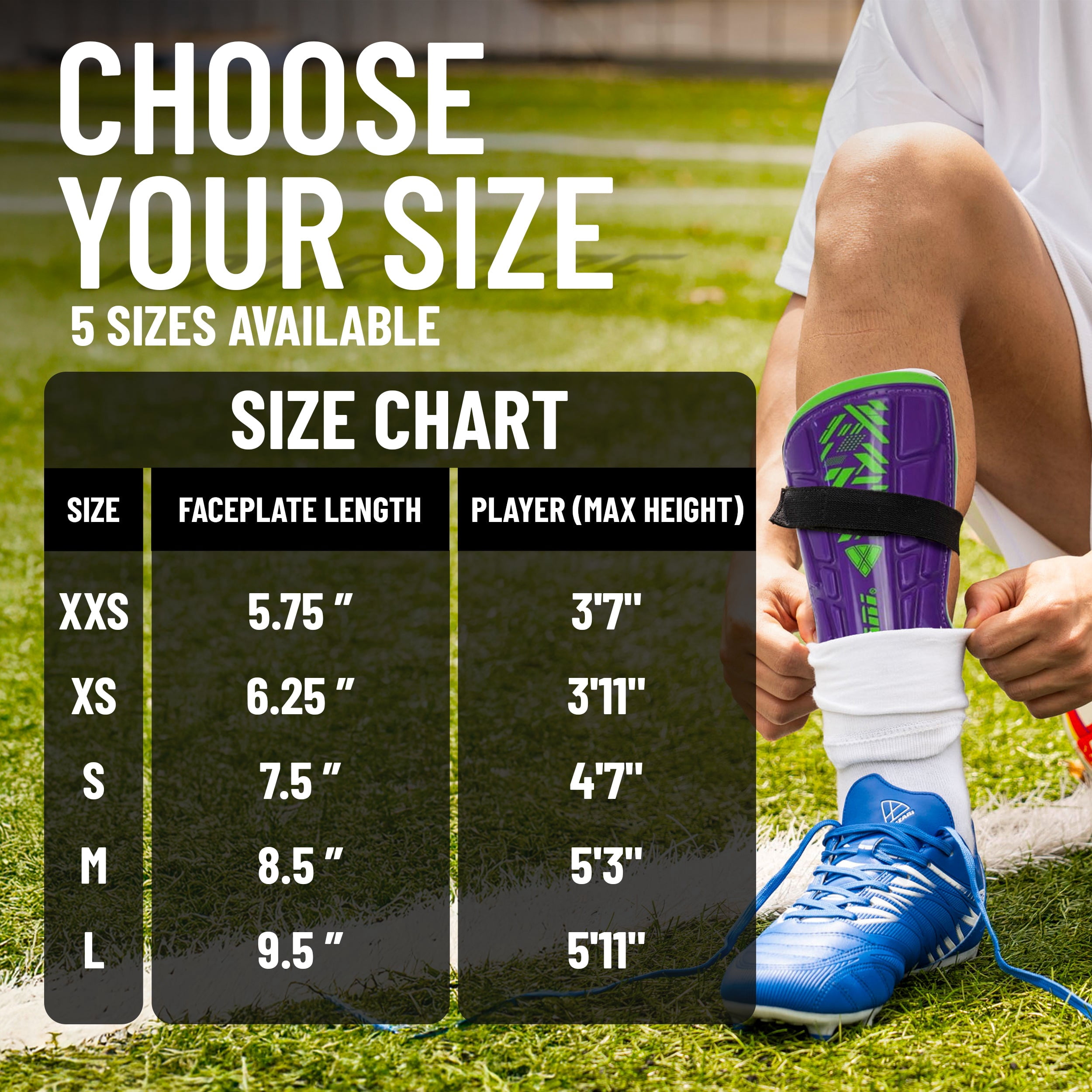 Vizari Malaga Shin Guards with Ankle Protection for Kids, Youth, and Adults | Lightweight Soccer Pads for Boys and Girls Ages 3+ - PURPLE/GREEN, L
