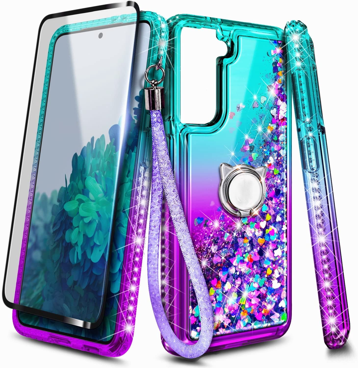 Nagebee Case for Samsung Galaxy S22 5G / S22+ Plus 5G / S22 Ultra 5G with Tempered Glass Screen Protector, Sparkle Glitter Liquid Bling Diamond [Ring Holder & Wrist Strap] Women Girls (Aqua/Purple)