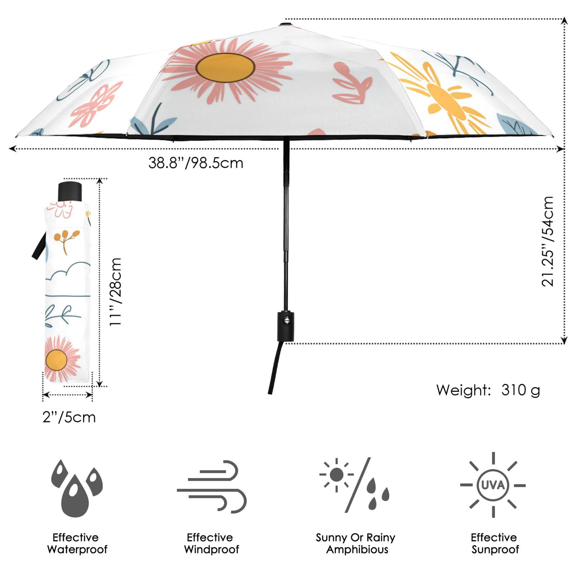 FORMRS Travel Umbrella Folding Auto Open Close Windproof Rain UV Protection, Cartoon Doodles