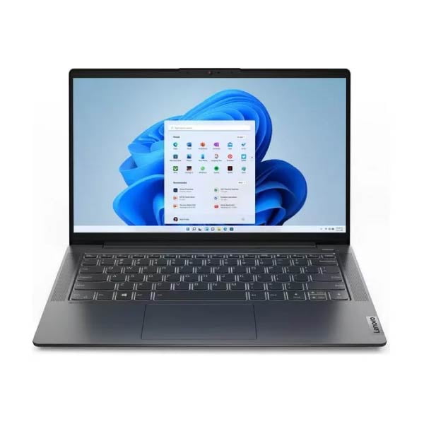 laptop Lenovo IdeaPad 5 negra con procesador AMD Ryzen 7 5700U, 8 GB de RAM y SSD de 512 GB; vista frontal abierta con pantalla táctil FHD de 14 pulgadas mostrando el escritorio, teclado chiclet y touchpad en carcasa delgada; ideal para trabajo diario y tareas de oficina, también suele usarse para transportar presentaciones en movilidad.