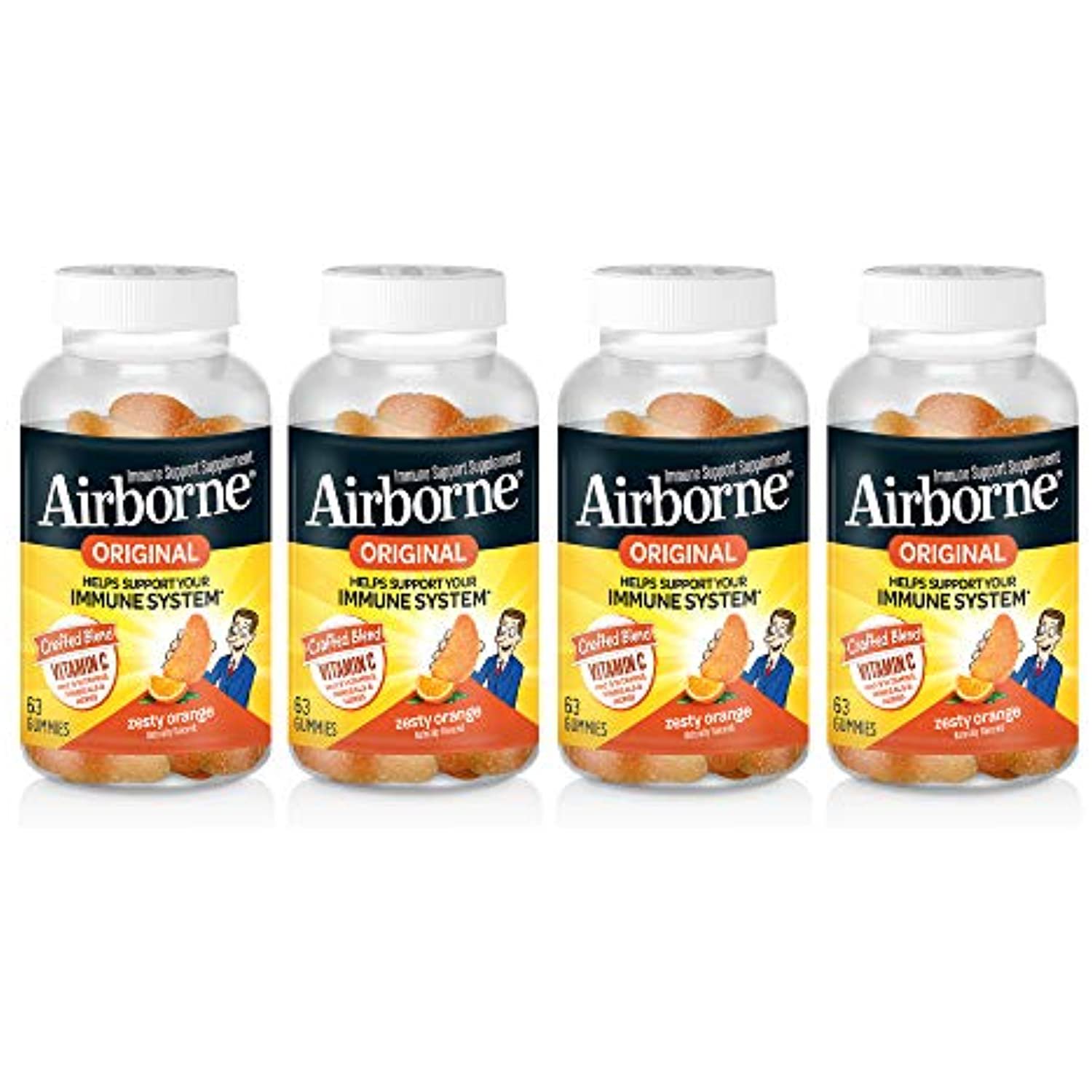 Vitamin C 750mg (per serving) - Airborne Zesty Orange Gummies (63 count in a bottle), Gluten-Free Immune Support Supplement With Vitamins C E, Selenium (Pack of 4)