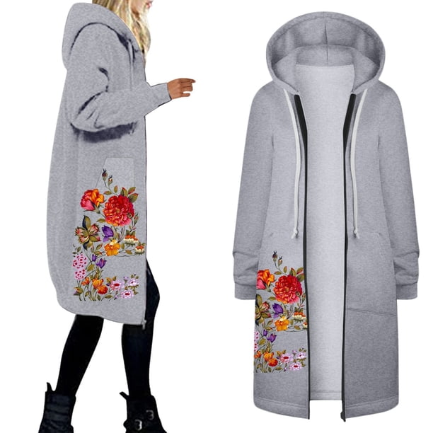 Chaquetas para mujer Casual Floral Bolsillos Zip Up Sudaderas con capucha Túnica Sudadera larga con capucha Chaqueta Sudaderas con capucha largas Abrigos Túnica Odeerbi ODB-3