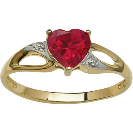 Simply Gold Gemstone 6mm Heart-Shaped Created Ruby with Diamond Accent 10kt Yellow Gold Ring, Size 7
