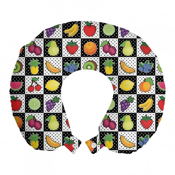 Black and White Travel Pillow Neck Rest, Kitchen Fruits and Vegetables Nature with Dots Chess Squares Art Design, Memory Foam Traveling Accessory Airplane and Car, 12", Multicolor, by Ambesonne