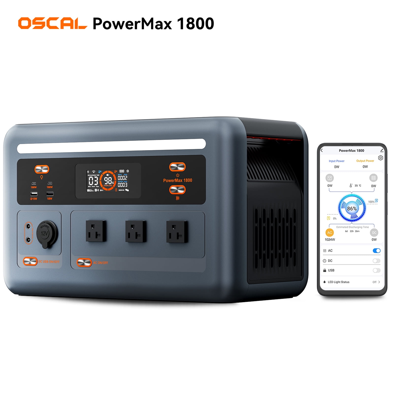 OSCAL PowerMax 1800 Solar Generator, 1024Wh LiFePO4 Battery, 1800W AC (3200W Surge), 11 Outlets, APP Control