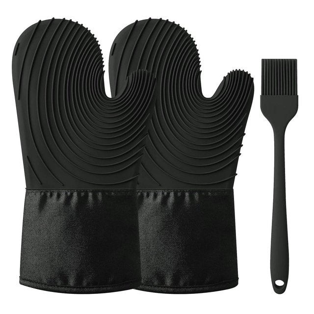 Manoplas de silicona para horno, guantes gruesos resistentes al calor para horno, manoplas impermeables, 1 par con 1 cepillo de silicona