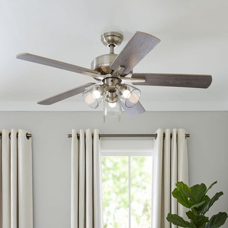 BETTER HOMES & GARDENS 52″ NICKEL TRANSITIONAL CEILING FAN, 5 REVERSIBLE BLADE, 3 LED BULBS INCLUDED