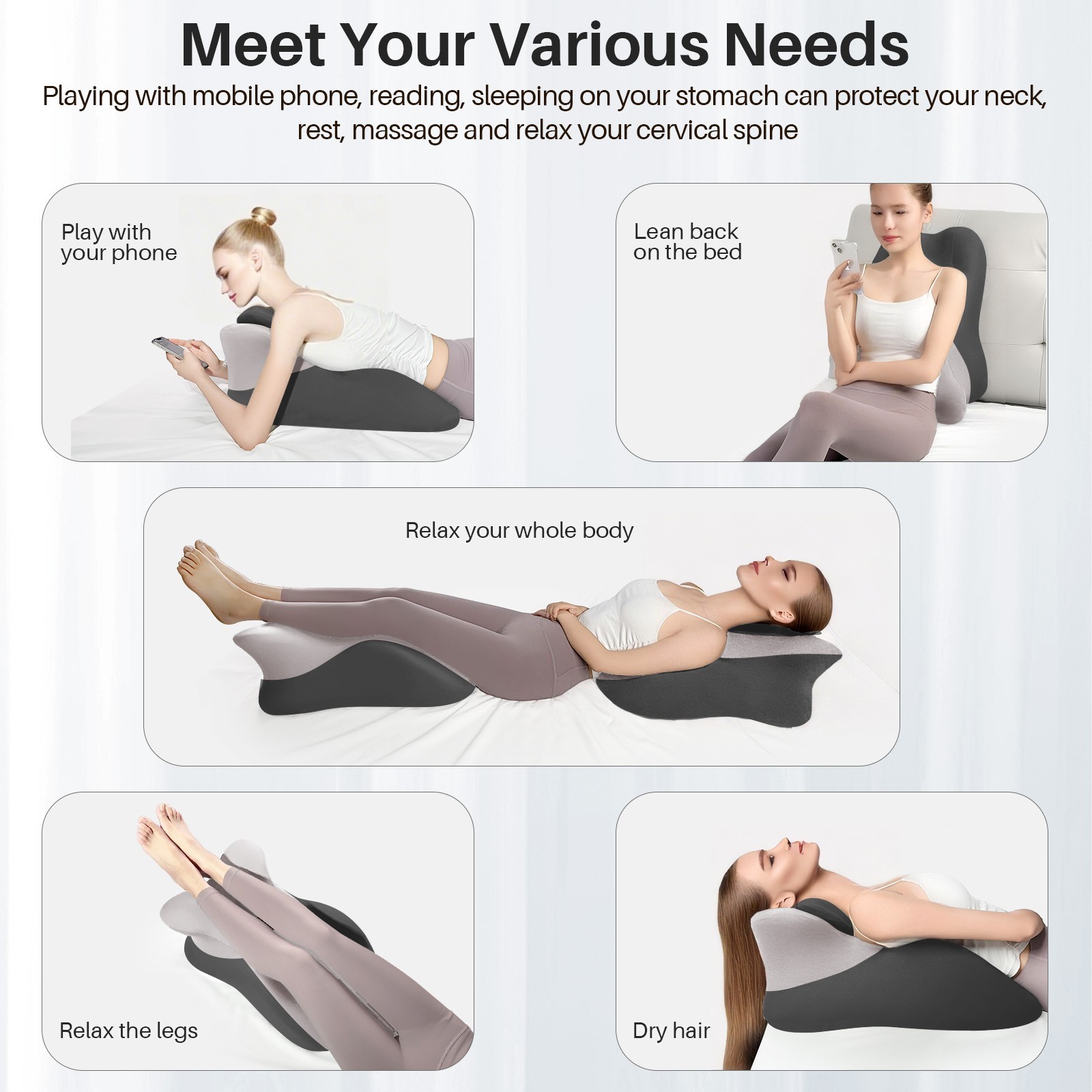 JIAN YA NA Multi-Position Wedge Pillow for Adults, Memory Foam Support Bed Pillow with Removable Cover for Sleeping Sitting Up Prone Reading (Gray/Dark Gray)