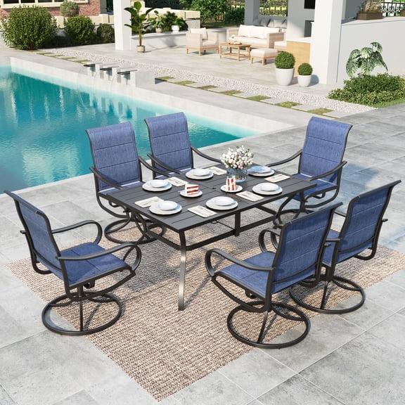 MF Studio 7-Piece Outdoor Patio Dining Set with High-Back Swivel Sling Chairs & Rectangular Table for 8-Person, All-Weather & Quick-Dry, Black & Blue