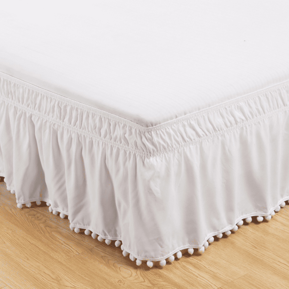 Pom Pom Bed Skirt with Adjustable Elastic Belt, Easy Wrap Around Dust Ruffles with 15 Inch Tailored Drop White Full(54"X75")