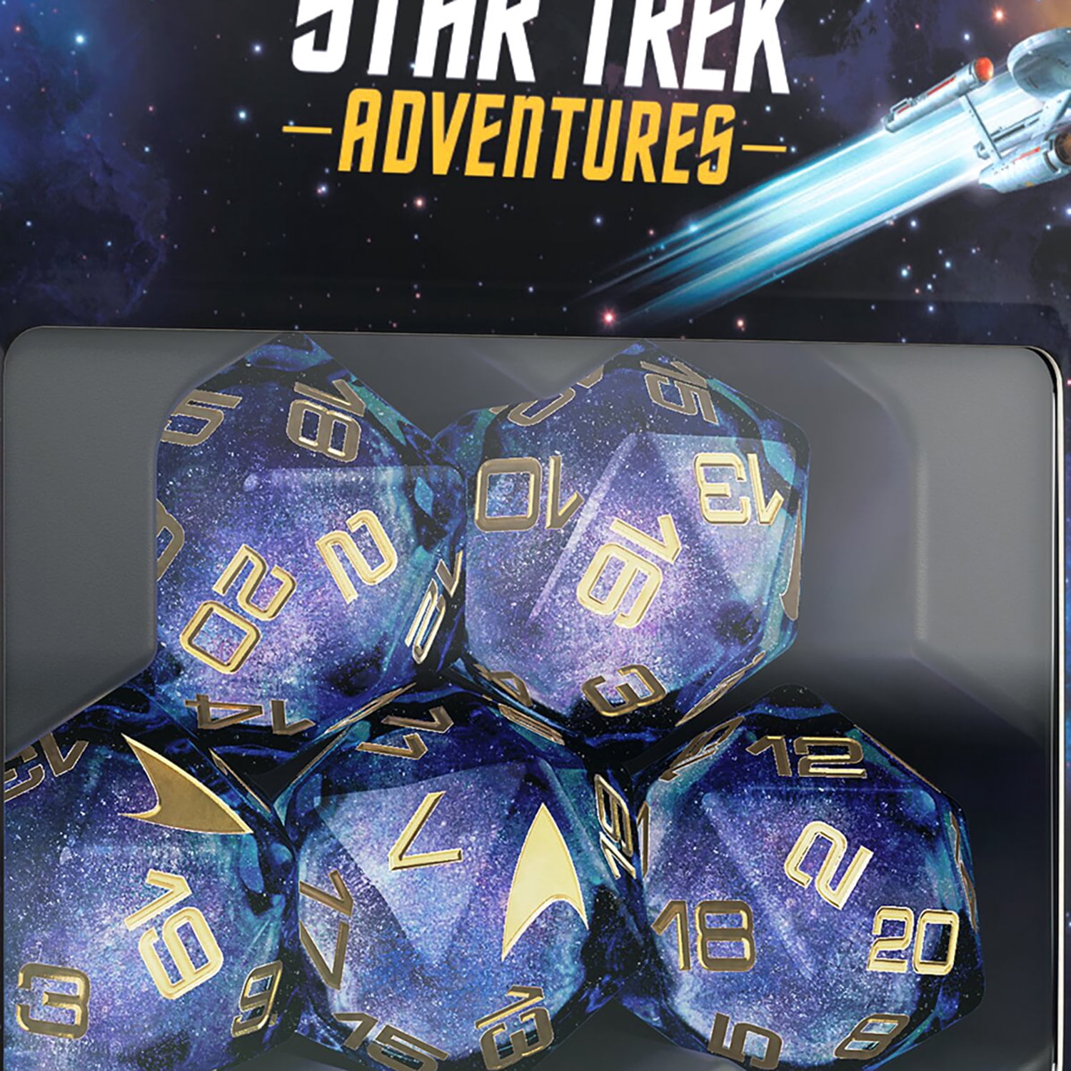 Star Trek Adventures: Second Edition - Roleplaying Dice Set - 5pc d20 RPG Die, Blue Black Starfield Galaxy, Gold Numbers-Icons, Collectible Accessory