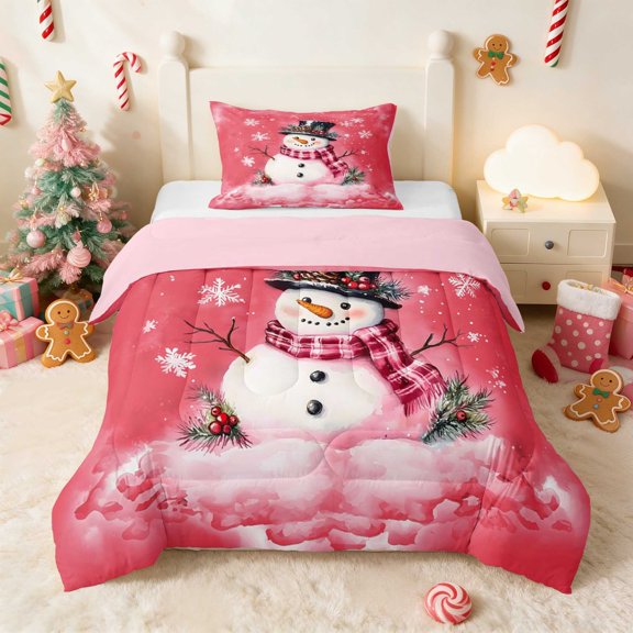 Manfei Snowman Comforter Set Twin, Pink, 2 Piece