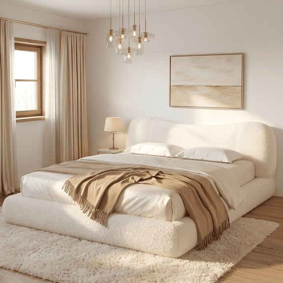 Romorgniz Cloud Bed Frame King with Stylish Upholstered Headboard Boucle Platform Bed Frame with Rounded Corner,Easy Assembly,Noise-Free,White