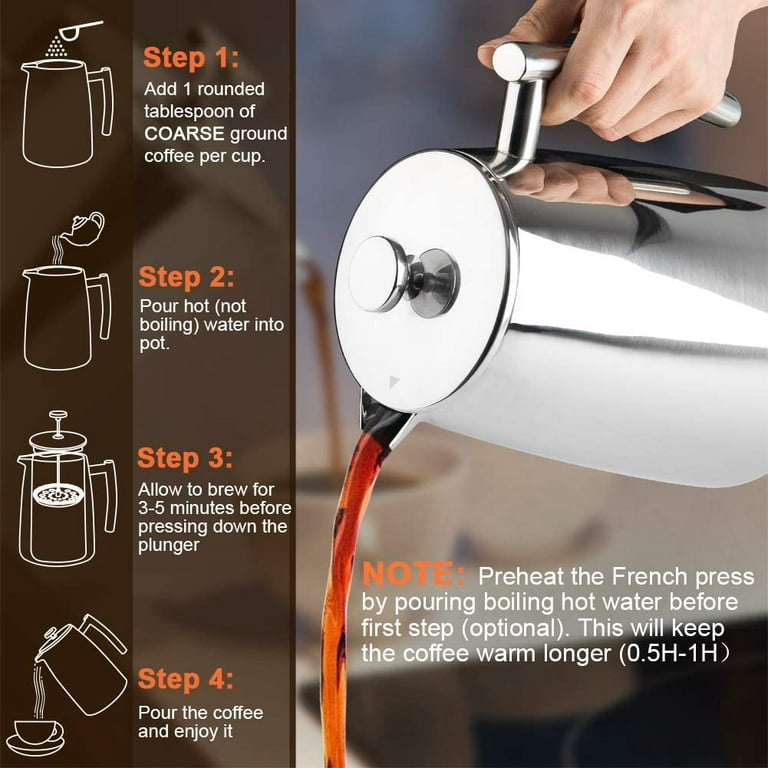  Stainless Steel French Press Coffee Maker - Double Walled 34oz  Espresso & Tea Maker - 100% 18/10 Stainless Steel，Rust-Free, Dishwasher  Safe (1000ML): Home & Kitchen