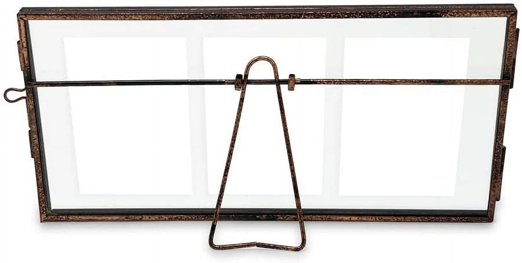 Isaac Jacobs 3-Photo Vintage Style Glass and Metal Floating Picture Frame Horizontal w/ Locket Closure; For Photos, Art, & More, Tabletop Display Three-2x3, Antique Bronze