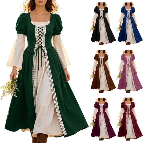 Womens Renaissance Dress Medieval Costume Bell Sleeve Lace Up Corset Irish Overdress Peasant Wench Gown for Halloween Cosplay, Army Green, L