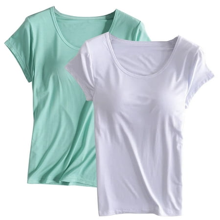 Wioihee Built-in Bra T-Shirt for Womens Padded Active Tops Short Sleeves Blouses Soft Pajama Casual Shirts for Workout Yoga Gym on Clearance White8 4(S)