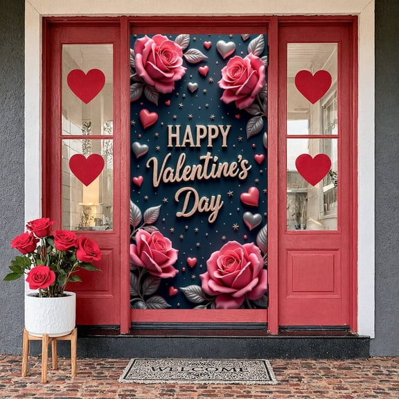 Pink Roses Valentine's Day Banner Red Hearts Love Backdrop Gold Stars Glittery Letters Romantic Display for Valentine's Day Party Romantic Dinner Anniversary Celebration