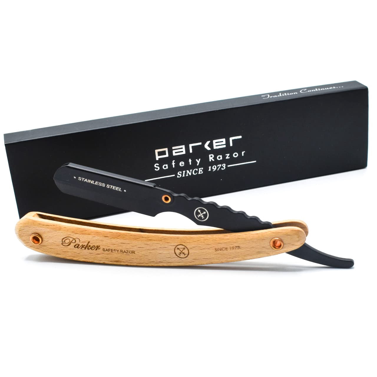 Parker SRP Pine Handle & Stainless Steel Arm Clip Type Straight Barber Razor with 5 Blades ** JUST INTRODUCED FOR FALL 2022 **