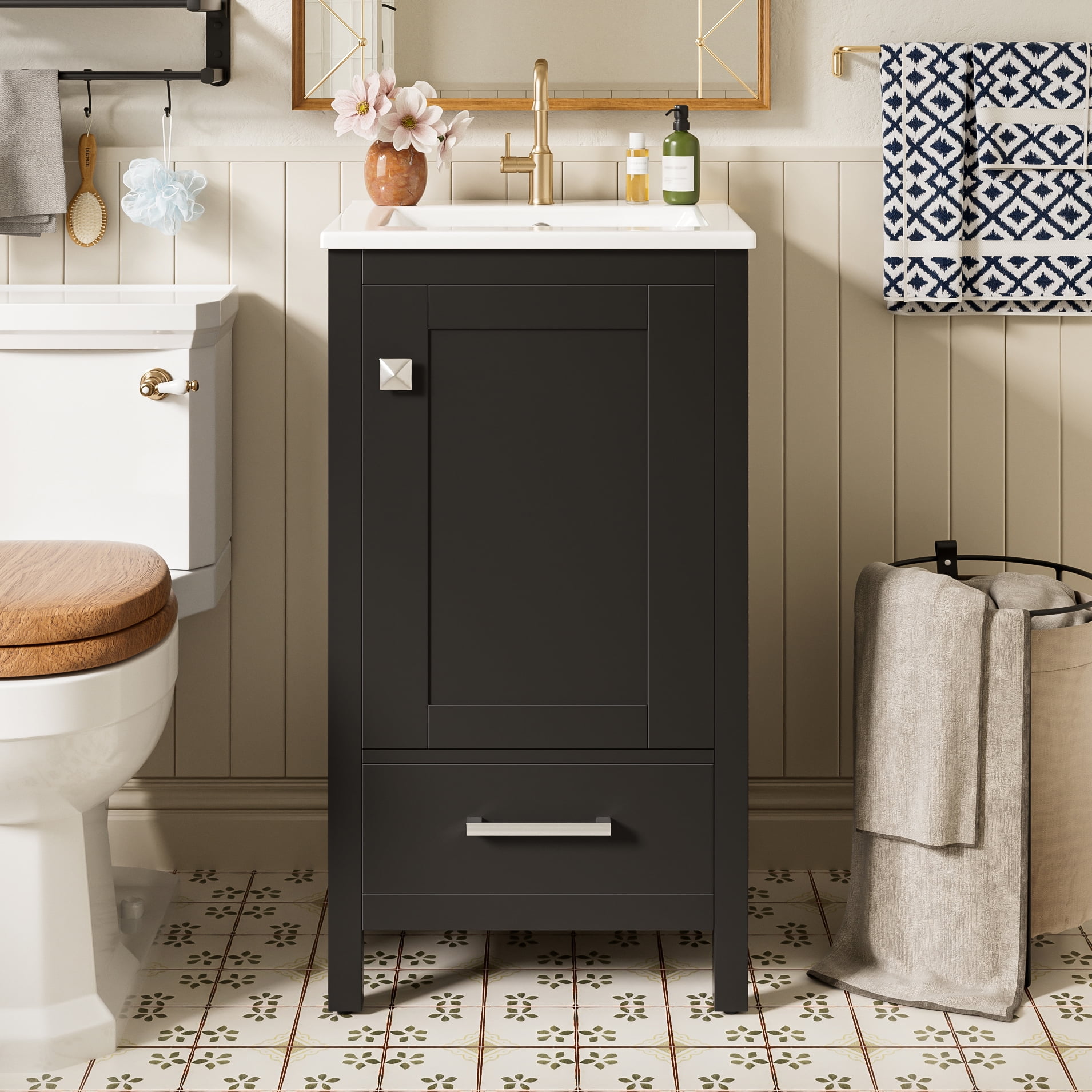 18" Sturdy Wood Small Bathroom Storage Cabinet, Bathroom Organizer Cabinet with Soft Close, Compact Vanity Unit for Small Spaces with Ceramic Sink for Bathroom, Black
