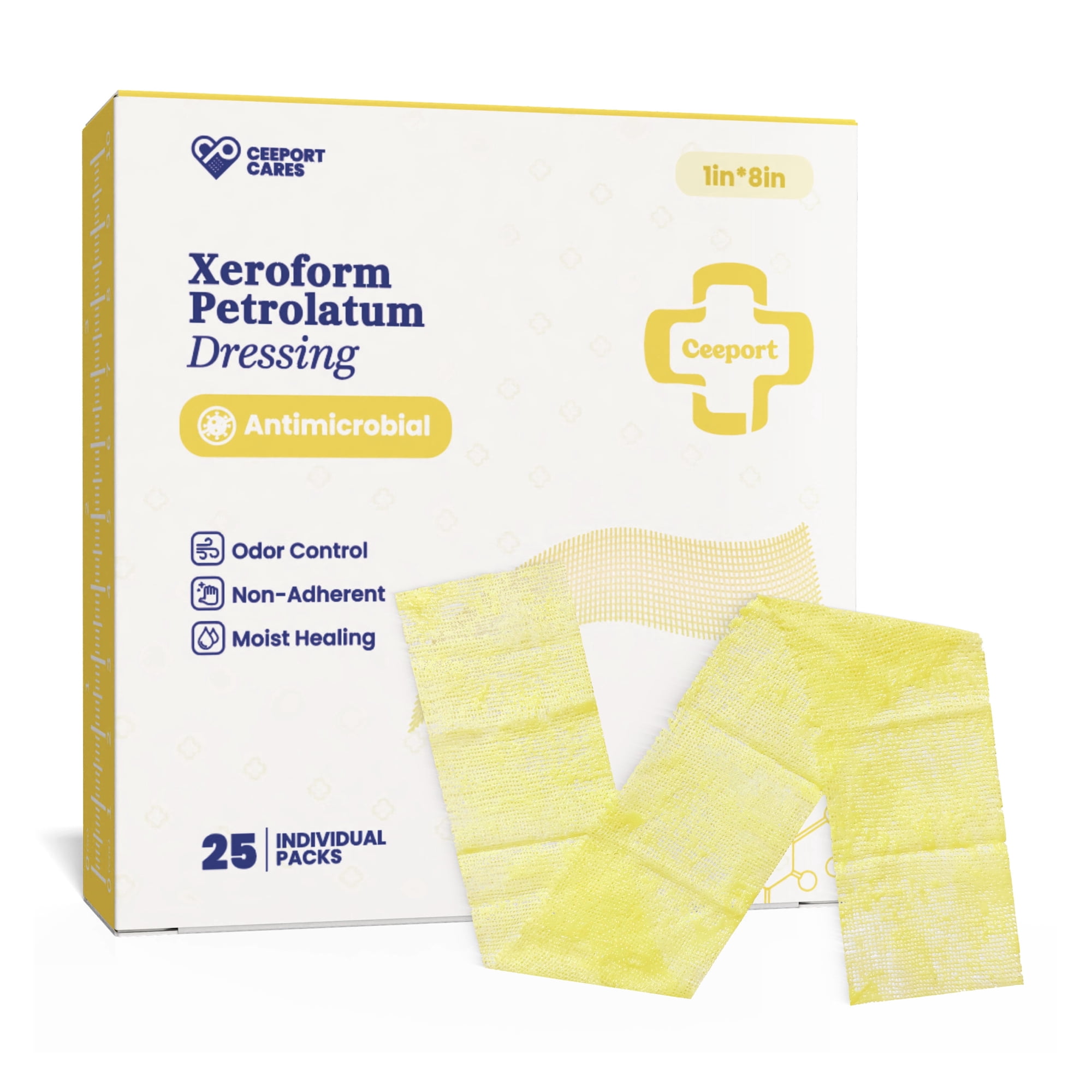 Ceeport Medical Xeroform Petrolatum Dressing 1"x8", Non-Adherent Gauze Pad Strip, Fine Mesh Gauze Patch (25 Individual Pack)