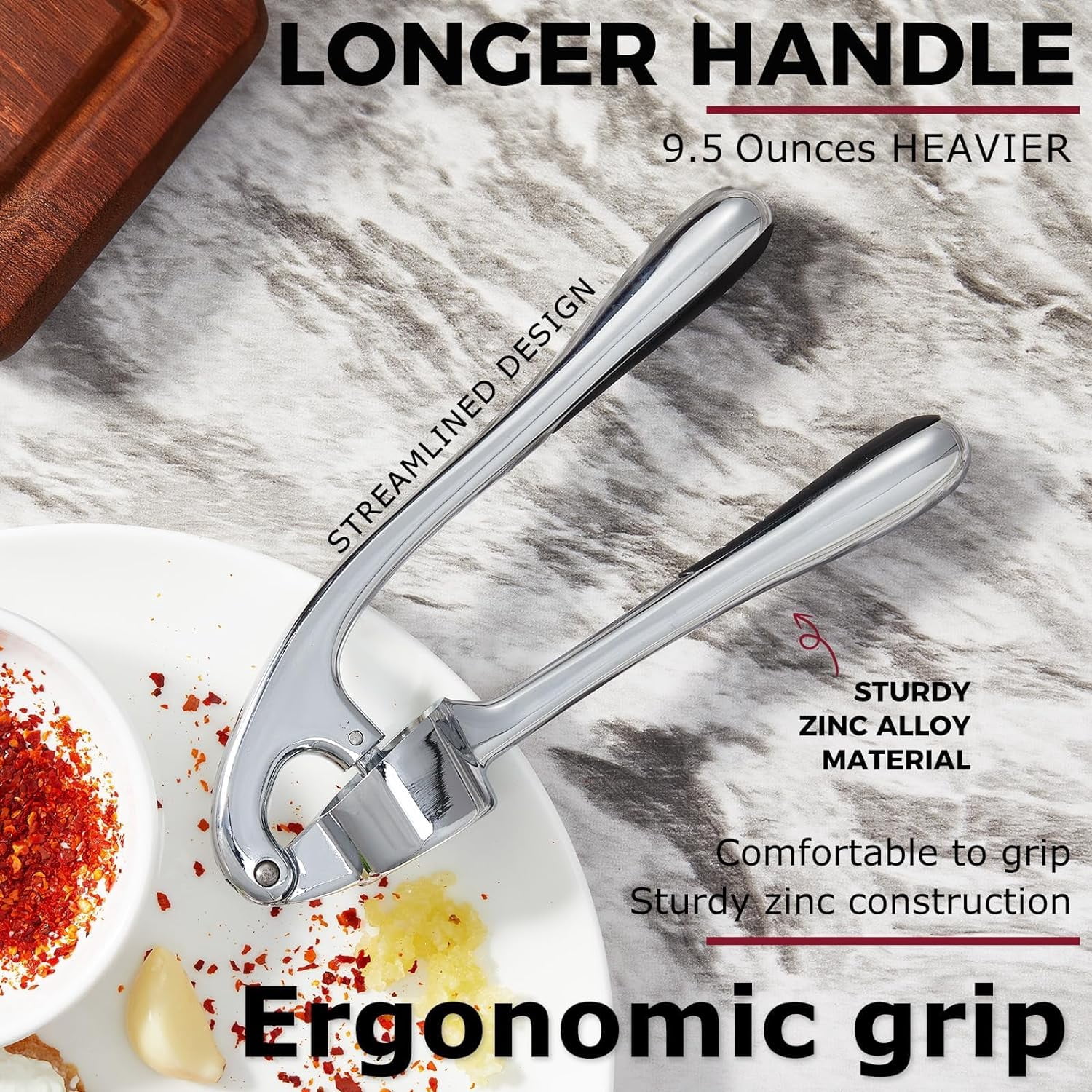 JJEAN-Kitessensu High Effective Premium Garlic Press Set, With Silicone Garlic Peeler & Brush, Heavy Duty Garlic Mincer, Easy to Squeeze and Clean, Rust Proof - Gloss Silver