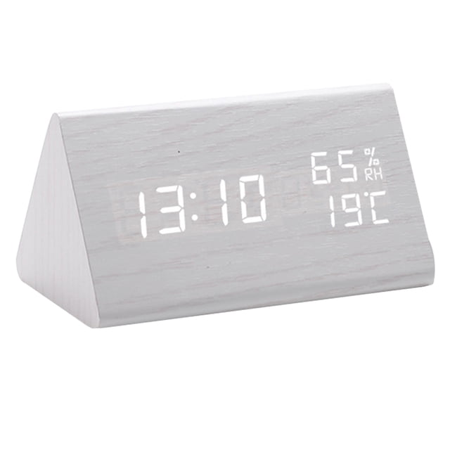 El despertador del higrómetro del LED llevó el higrómetro de madera del reloj digital electrónico del triángulo del reloj de madera