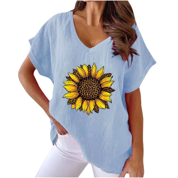 Camiseta de Manga Corta con Cuello en V con Impresión de Girasol, Algodón Casual Y Top de Cáñamo